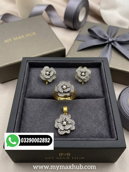 Silver Zircon Flower Jewelry Set with Pearl Center – Fashion Hub by Noor Bilal | My Max Hub