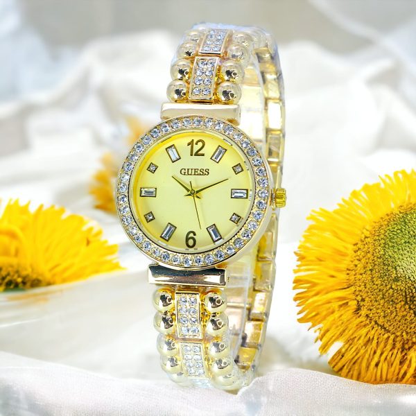 Women's Golden Chain Wrist Watch With Golden Dial