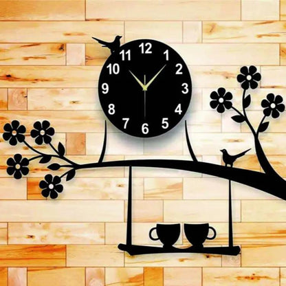 Hanging Cup With Tree Branch Wooden Wall Clock