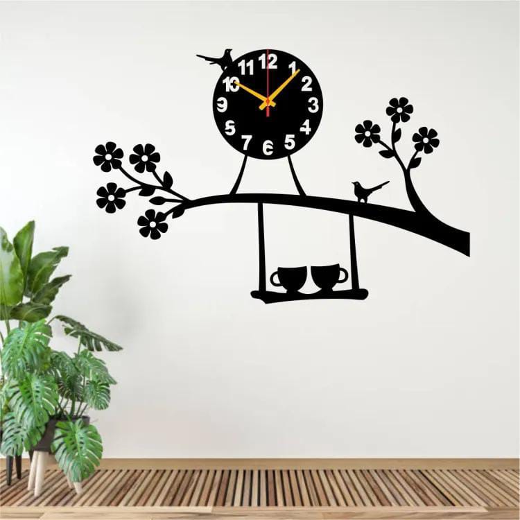 Hanging Cup With Tree Branch Wooden Wall Clock