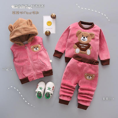 Children's Clothing 2024 New Korean Version Cartoon Plush Bear Three-Piece Set Autumn And Winter - 01