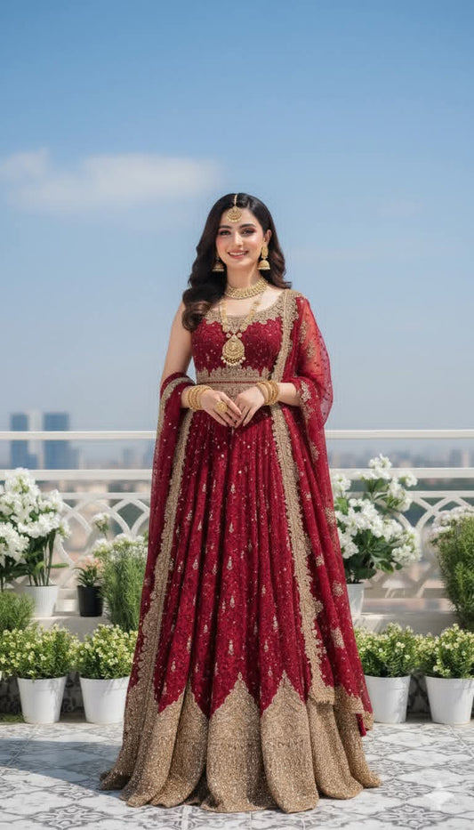 Exquisite Crimson: Pure Silk Bridal Lehenga Choli - My Max Hub