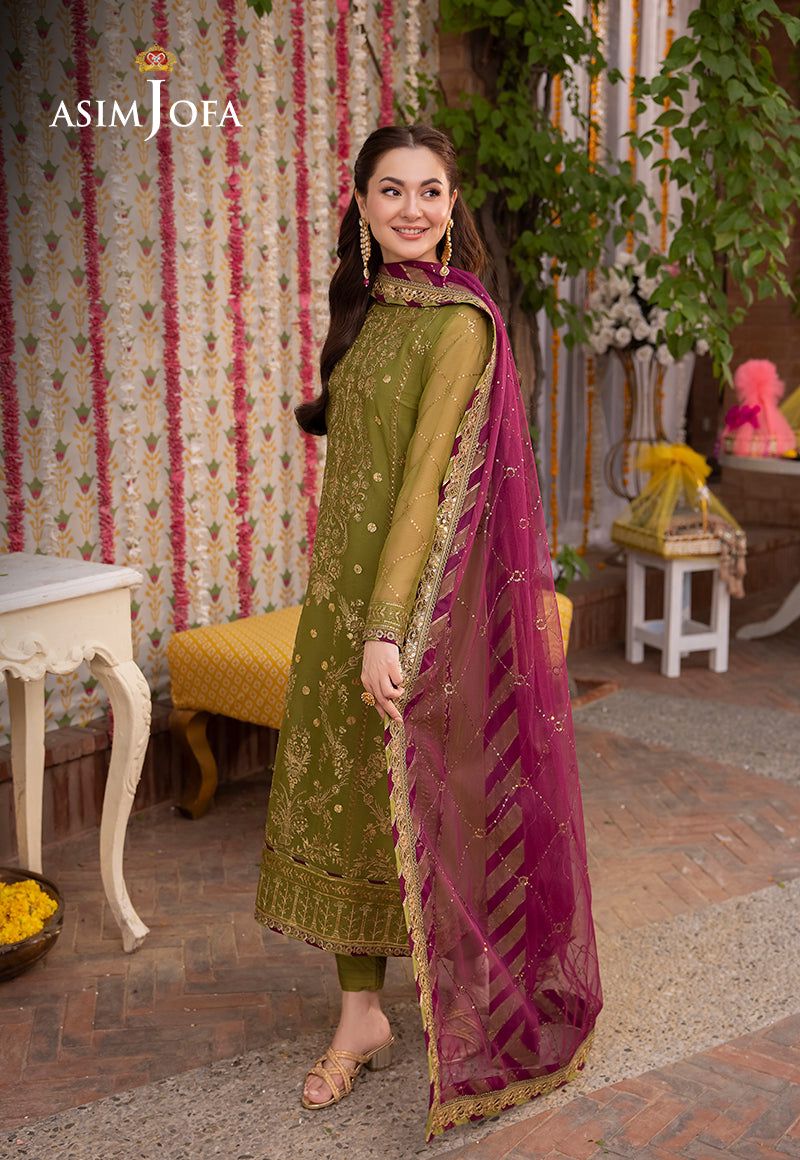 Olive Green Magenta Suit - ASIM JOFA