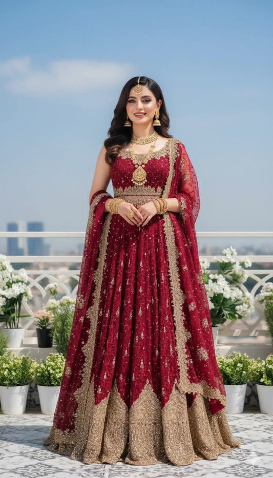 Exquisite Crimson: Pure Silk Bridal Lehenga Choli - My Max Hub